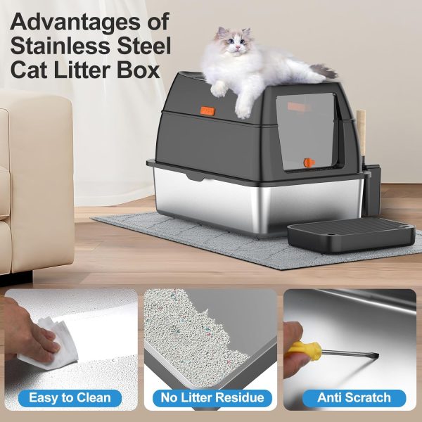 Stainless Steel Litter Box with Lid,Front Entry Top Exit Kitty Litter Box,Extra Large Enclosed Metal Litter Box with Litter Scoop & Litter Mat-Black - Image 7