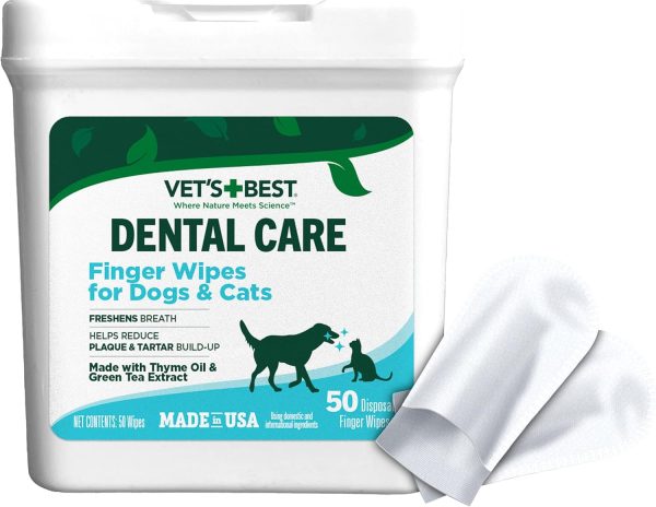 Vet's Best Dental Care Finger Wipes - Reduces Plaque & Tartar Build Up - Freshens Breath - Teeth Cleaning Finger Wipes for Dogs & Cats - 50 Count