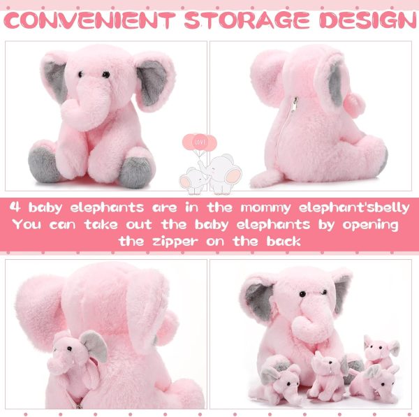 5 Pcs Plush Elephant Stuffed Animals with Babies, Mommy Elephant with 4 Plush Baby Soft Plush Elephants Animals Playset for Party Supplies, Favors, Decorations, Stocking Stuffers (Gray Pink) - Image 3