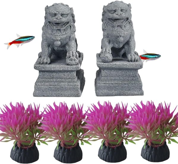 livelyfish Asian Fu Foo Dogs Pair of Two Guardian Lion, Stone Statue Pet Fish Tank Decor Aquarium FengShui Decoration, F