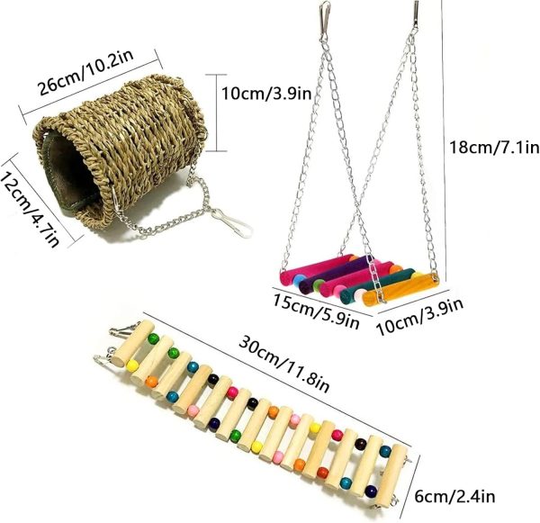 Hamiledyi Hamster Hanging Toy, 3 Piece Wooden Small Animal Ladder Hammock Swing Set Toys for Bird Mice Hamster - Image 2