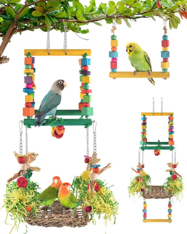 Bird Hammock Toys Parakeet Perches Swing,3in1 Detachable Parrot Cage Accessories,Wooden Hanging Chew Toys for Medium Small Birds Budgie Lovebird Cockatiel Parakeet Finches