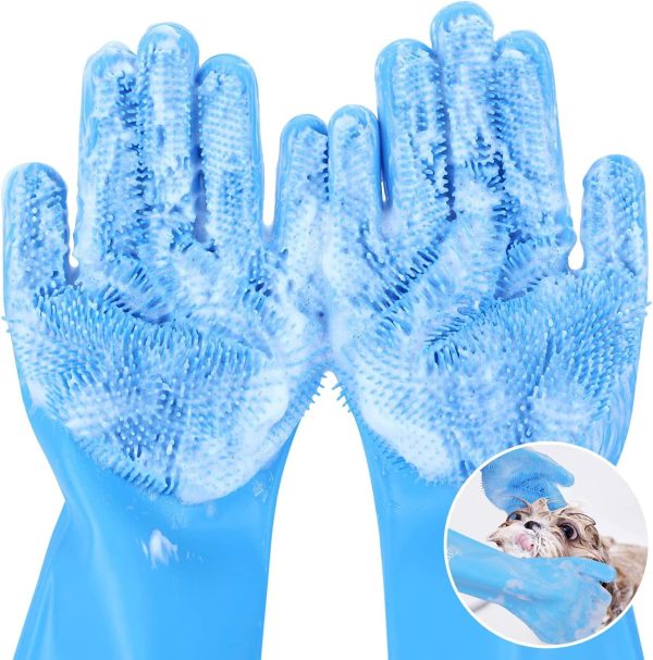 Pecute Pet Grooming Gloves - Heat Resistant Silicone Gloves with High-Density Teeth, Enhanced Five Finger Design for Bathing and Massaging Dogs and Cats, Blue