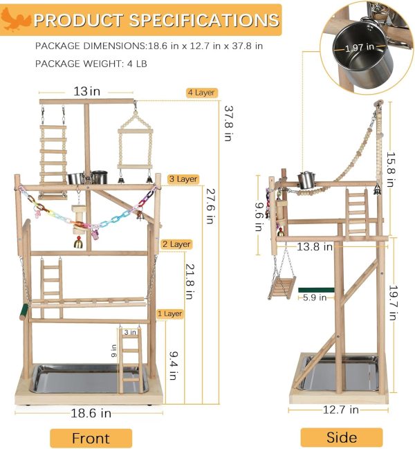 Pet Parrot Playstand Parrots Bird Playground Bird Play Stand Wood Perch Gym Playpen Ladder with Feeder Cups Bells for Cockatiel Parakeet (4 Layers) - Image 2