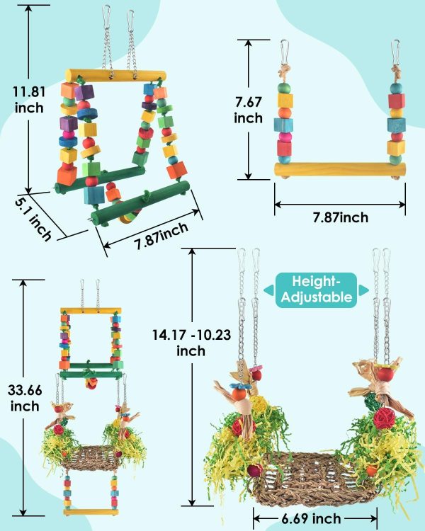 Bird Hammock Toys Parakeet Perches Swing,3in1 Detachable Parrot Cage Accessories,Wooden Hanging Chew Toys for Medium Small Birds Budgie Lovebird Cockatiel Parakeet Finches - Image 5