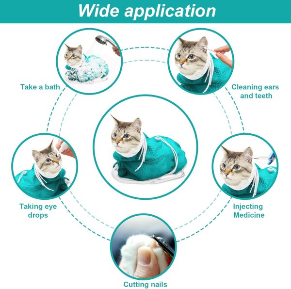 Cat Bathing Bag, Breathable Mesh Cat Shower Bag Anti Scratch Adjustable Cat Grooming Bag for Nail Trimming, Bathing Polyester Soft Cat Washing Bag (White-Green) - Image 4