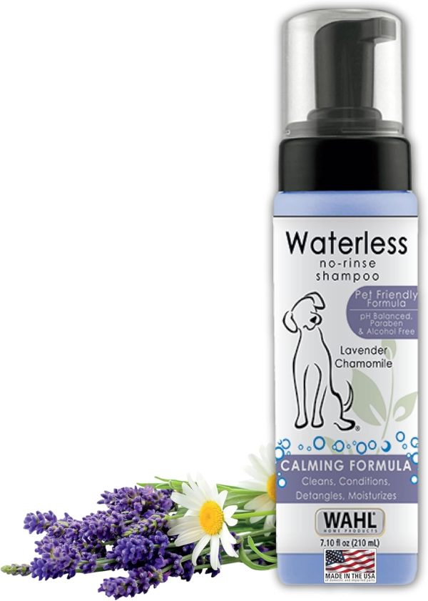 Wahl USA Pet Friendly Waterless No Rinse Shampoo for Animals – Lavender & Chamomile for Cleaning, Conditioning, Detangling, & Moisturizing Dogs & Cats – 7.1 Oz - Model 820014A