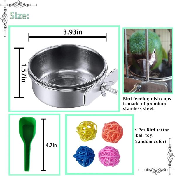 kathson Parrot Feeding Dish Cups,Stainless Steel Bird Food Water Bowl Parakeet Feeder Birds Cage Ball Toys with Clamp Holder for Cockatiel Macaw Budgies Small Animal Chinchilla (7 Pcs) - Image 3