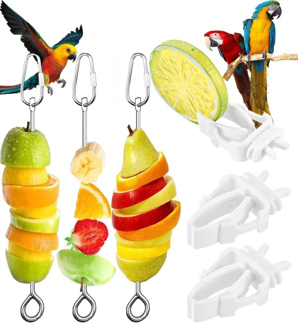 6 PCS Bird Food Treats Skewer, Bird Food Holder Parakeet Hanging Food, Small Animal Stainless Steel Fruit Vegetable Stick Holder, Cockatoo Cockatiel Cage Treating Tool, Hanging Foraging Bird Toys