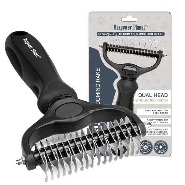 Maxpower Planet Hair Brush - Double Sided Shedding, Dematting Undercoat Rake for Dogs and Cats, Extra Wide Dog Grooming Brush, Reduce Shedding by 95%, Black