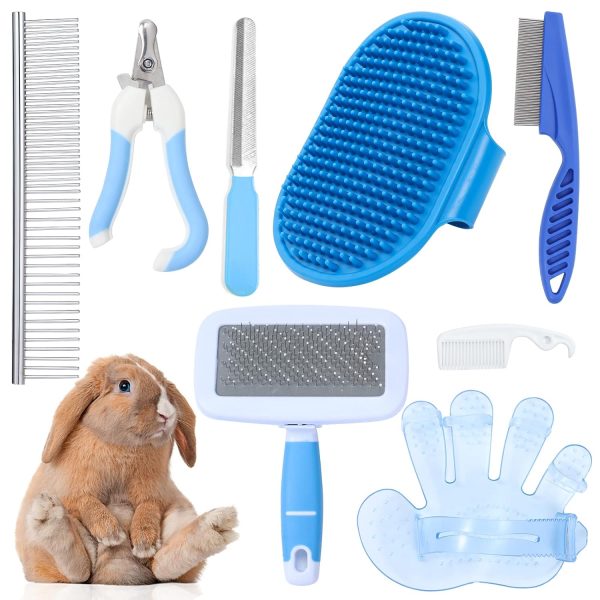 8 PCS Small Animal Grooming Kit - Brush, Slicker Brush, Massage Glove, Nail Clipper, Flea Comb, and Double-Sided Comb for Pets