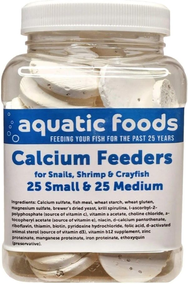 Aquatic Foods Inc. Calcium Enriched Sinking Food Disks for Shrimp, Snails, Crabs, Crayfish, Hermit Crabs, Plecos, Catfish, Bottom Fish, All Tropical Fish. 25 Small & 25 Medium Discs Jar