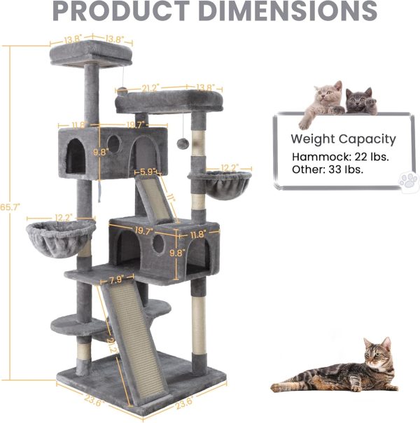 SHA CERLIN 65in Larger Cat Tree Tower Condo for Indoor Cats, Multi-Level Furniture Activity Center with Wide Base/Cozy Plush Cat Perches/Baskets/Sisal Scratching Posts and Hammock/Grey - Image 8