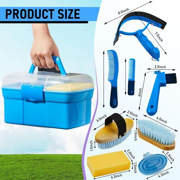 Cunhill 9 Pieces Horse Grooming Kit Tack Room Supplies Set with Organizer Tote Box, Oval Massage Curry, Hard and Soft Brush, Hoof Pick, Sweat Scraper, Bathing Sponge, Combs for Horse Riders Beginners - Image 2