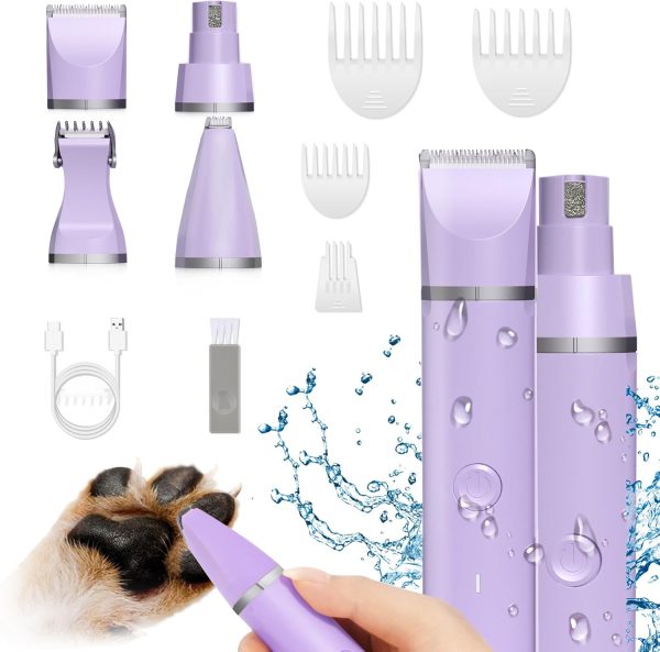 Dog Grooming Clippers Kit-Electric Rechargeable Cat Trimmer Tools-Cordless Quiet Pet Nail Paw Grinder-4 in 1 Multifunctional Low Noise Shaver-Razor for feet Face Ears Toenail Eye