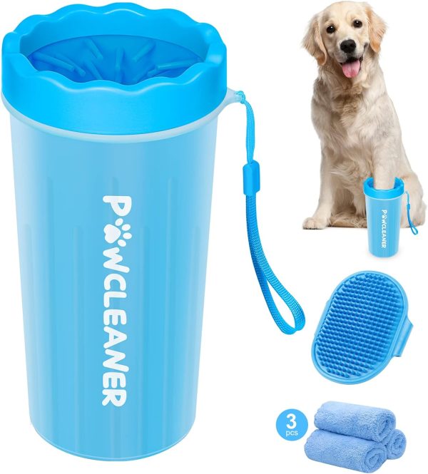 Comotech Dog Paw Cleaner with Bath Brush & Absorbent Towels - Adjustable Ring Handle for Long and Short-Haired Dogs (Large, Blue)