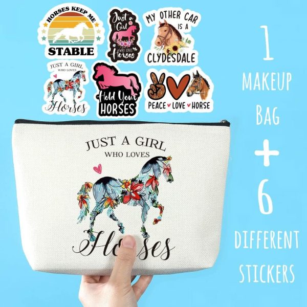 Azteoiz Horses Gifts Girls Horse Cosmetic Bag and 5 Piece Stickers Just a Horses-loving Girl Cowgirl Equestrian Travel Bag Cosmetic Bag Gifts Horse Cosmetic Bag Horseshoe Horse Gifts for Girls - Image 2