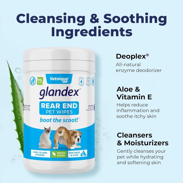 Vetnique Labs Glandex Dog Wipes for Pets Cleansing & Deodorizing Anal Gland Hygienic Dog & Cat Wipes with Vitamin E, Skin Conditioners and Aloe (75ct) - Image 5