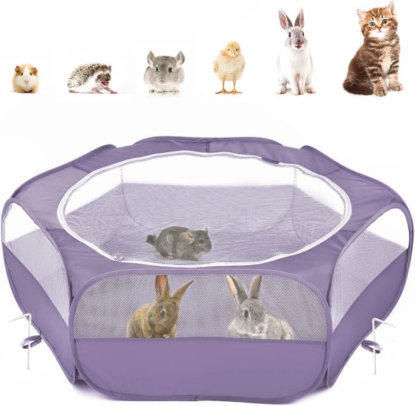 Pawaboo Small Animals Playpen, Waterproof Small Pet Cage Tent with Zippered Cover, Portable Outdoor Yard Fence with 3 Metal Rod for Chick/Kitten/Puppy/Guinea Pig/Rabbits/Hamster/Chinchillas, Purple