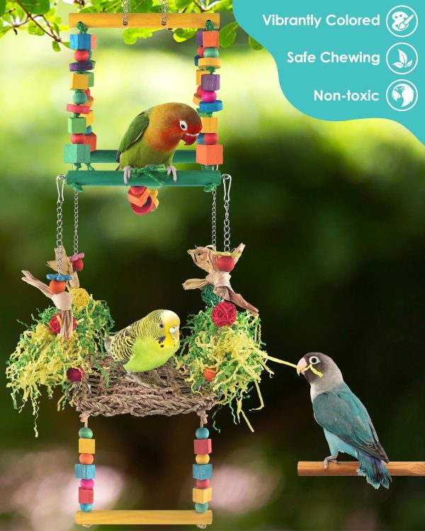 Bird Hammock Toys Parakeet Perches Swing,3in1 Detachable Parrot Cage Accessories,Wooden Hanging Chew Toys for Medium Small Birds Budgie Lovebird Cockatiel Parakeet Finches - Image 6