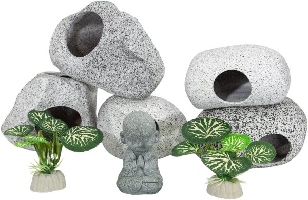 Aquarium Decorations Rock Caves Decor Betta Fish Tank Accessories 5PCS Hideout Stones House, 1PCS Aquarium Buddha Statue Decorations with Plastic Plants for Aquatic Pets Hide