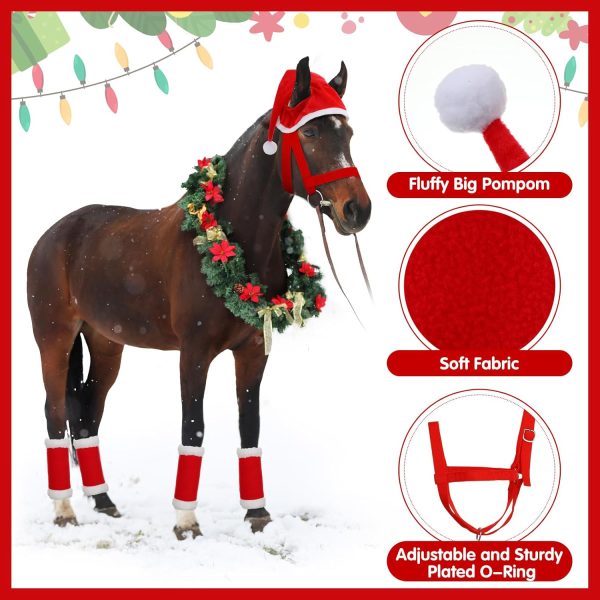 Paterr 6 Pcs Christmas Horse Accessory Includes 4 Pcs Horse Leg Wraps with Faux Fur Trim Holiday Santa Horse Hat Adjustable Nylon Horse Halters for Christmas Horse Costume Accessories - Image 3