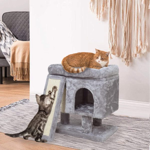 SYANDLVY Small Cat Tree for Indoor Cats, Cat Tower with Scratching Post, Modern Activity House for Large Cats, Condo with Board, Kittens Cave (Light Grey) - Image 6