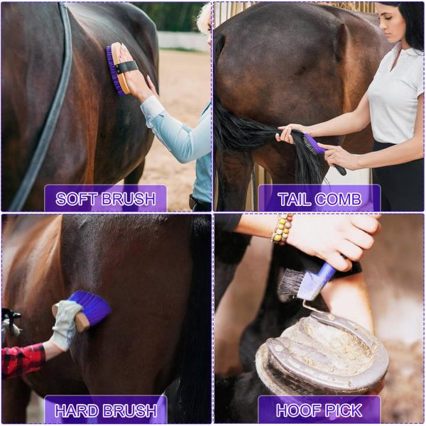 Horse Grooming Kit, 11 Piece Horse Bathing Supplies with Organize Bag, Horse Washing Full Body Kit, Including Sweat Scraper, Bath Sponge, Hoof Pick, Massage Comb(Purple） - Image 3