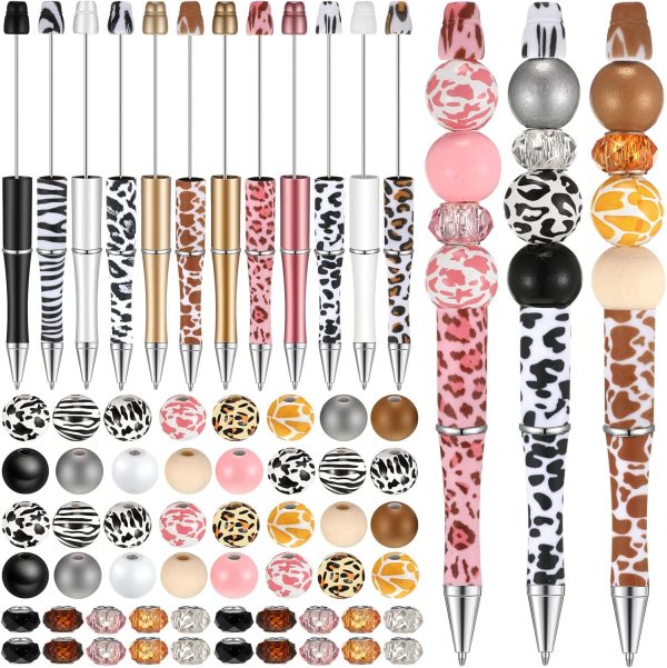 12 Set Plastic Beadable Pens Assorted Bead Pens Wood Beads Crystal Spacer Beads Set Round Beads Black Ink Ballpoint Pen DIY Bead Pen Set for Women Kids Gifts School Office Supplies (Animal Print)