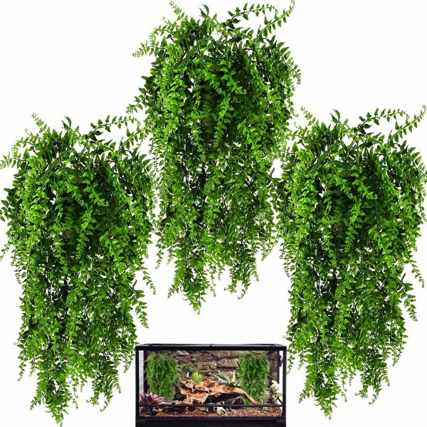 HERCOCCI 3 Pack Reptile Plants, Terrarium Hanging Plants Vines Artificial Leaves Habitat Decorations with Suction Cup for Bearded Dragon Hermit Crab Lizard Snake Geckos Chameleon