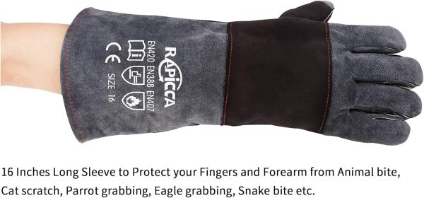 RAPICCA Animal Handling Gloves Bite Proof Double Leather Reinforced Padding Dog,Cat Scratch,Bird Handling Falconry Gloves Grabbing Reptile Squirrel Snake Bite 16in Grey-Black - Image 6