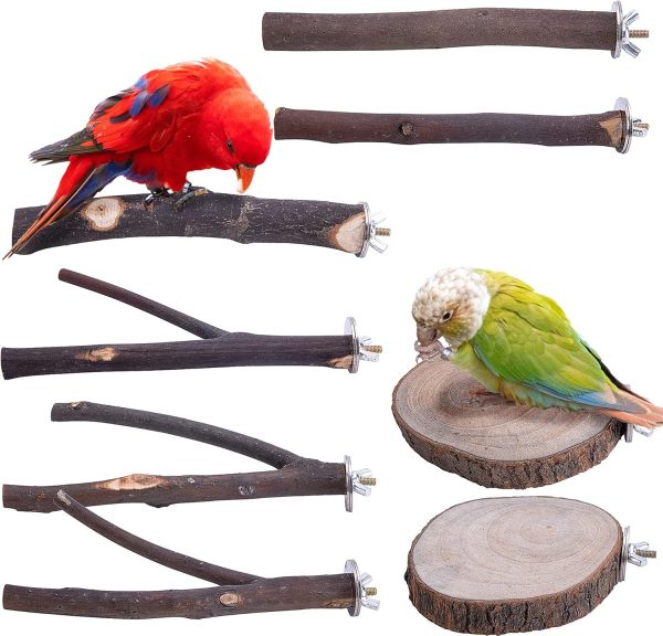 8 PCS Natural Wood Bird Perch Stand-Wooden Parrot Perch Stand-Perch Platform Cage Accessories for Parrotlets Budgies Cockatiels Parakeets Lovebirds