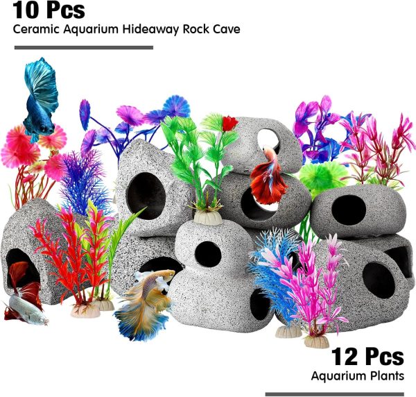 Lyrow 22 Pieces Fish Tank Accessories Set 10 Pcs Ceramic Aquarium Hideaway Rock Cave 12 Pcs Aquarium Plants Decor for Aquatic Pets to Breed, Play and Rest Betta Cave Shrimp Habitat, Breeding Tube - Image 5