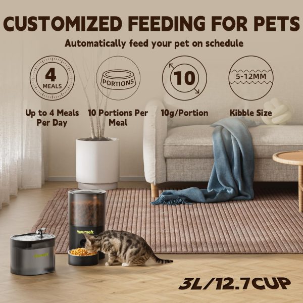 Automatic Cat Feeder & Cat Fountain, 3L Timed Cat Food Dispenser for Dry Food, 10 Portions 1-4 Daily Meals Auto Cat Feeder with Desiccant Bag, Cat Water Dispenser with Filter, Wire or Battery Powered - Image 2