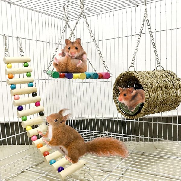 Hamiledyi Hamster Hanging Toy, 3 Piece Wooden Small Animal Ladder Hammock Swing Set Toys for Bird Mice Hamster