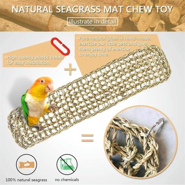 Bird Seagrass Mat 39.4×7" Natural Grass Woven Net Hammock Hanging on Parrot Cage with Hooks Parakeet Climbing Rope Ladder Chew Toys for Lovebird Cockatiel Conure Budgie Cockatoo Supplies - Image 2