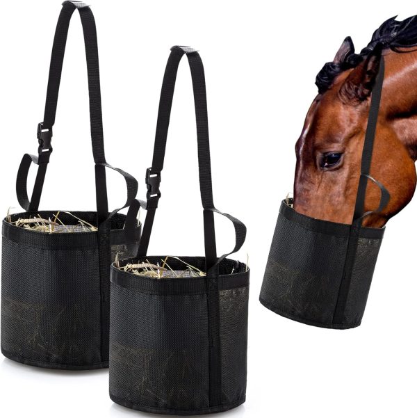 Sumind 2 Pcs Horse Feed Bag Comfort Breathable Mesh Feed Bucket Heavy Duty Feed Bag with Adjustable Strap and Waterproof Bottom for Horse Feeding Supplies Muzzle Feed Bag, Medium (Black)