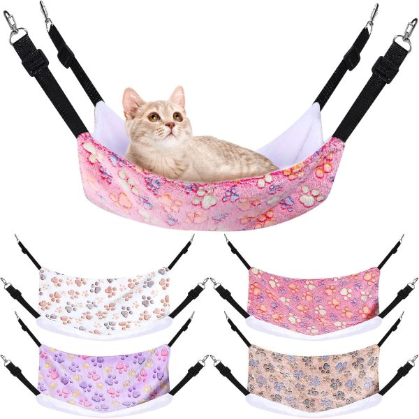 Geelin 4 Pcs Reversible Cat Hanging Hammock Soft Breathable Pet Cage Hammock with Adjustable Straps and Metal Hooks Double Sided Hanging Bed for Cats Small Dogs Rabbits(20 x 24 Inch, Paw)