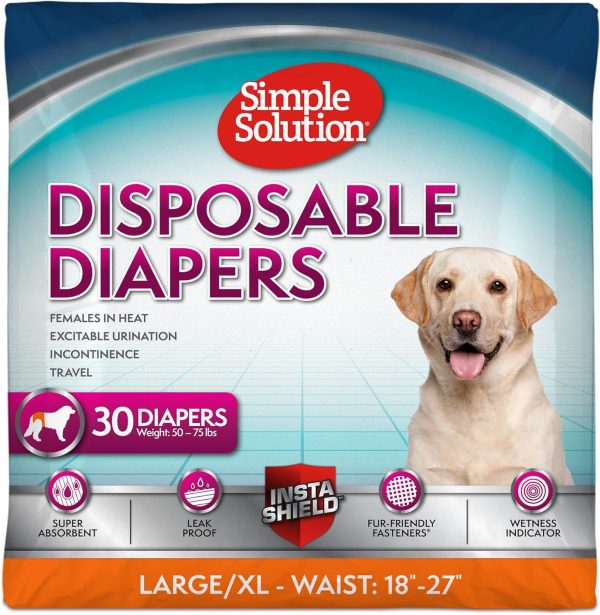 Simple Solution Disposable Dog Diapers for Female Dogs, True Fit, Absorbent, Leak Proof with Wetness Indicator, XL Puppy & Doggie Period Pad and Pee Diaper, For Large Pets, 18-27 Inch Waist, 30 Count