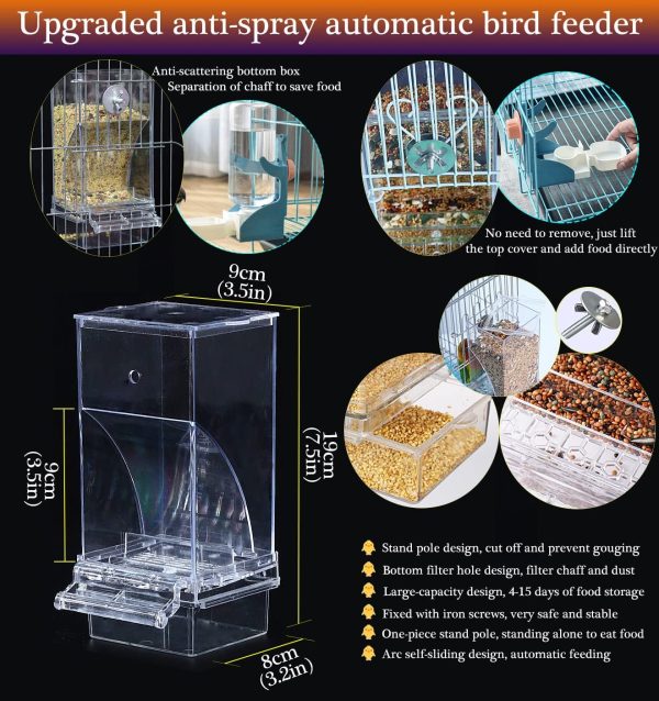 Kenond No Mess Bird Feeder Water Dispenser Set, Automatic Parrot Feeder Cage Accessories, Clear Parakeet Seed Container Food Feeder Drinker for Cage, Cockatiel Finch Lovebirds Budgies Canary (Blue) - Image 3