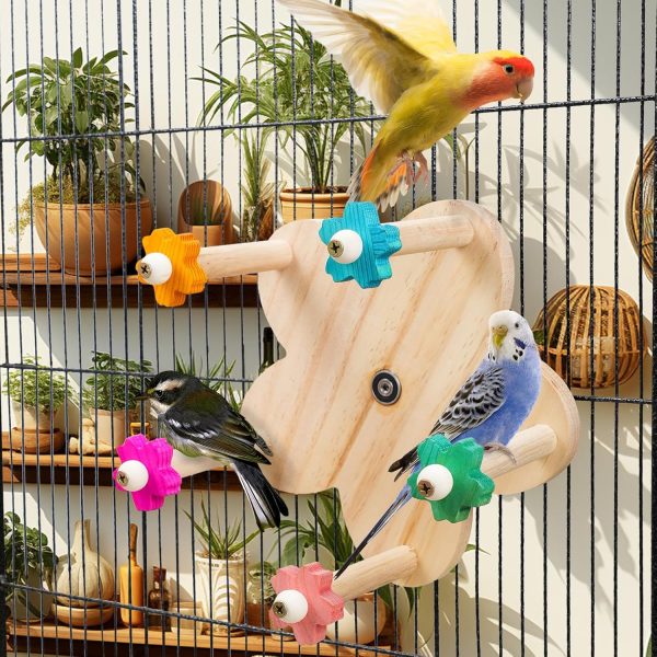 Wooden Parrots Ferris Wheel Toy with Perches, Bird Toy Rotating Perch Toy, Hanging Bird Stand Cage Accessories for Parakeet Parrot, Cockatiel, Budgerigar,Conure, Lovebirds - Image 2