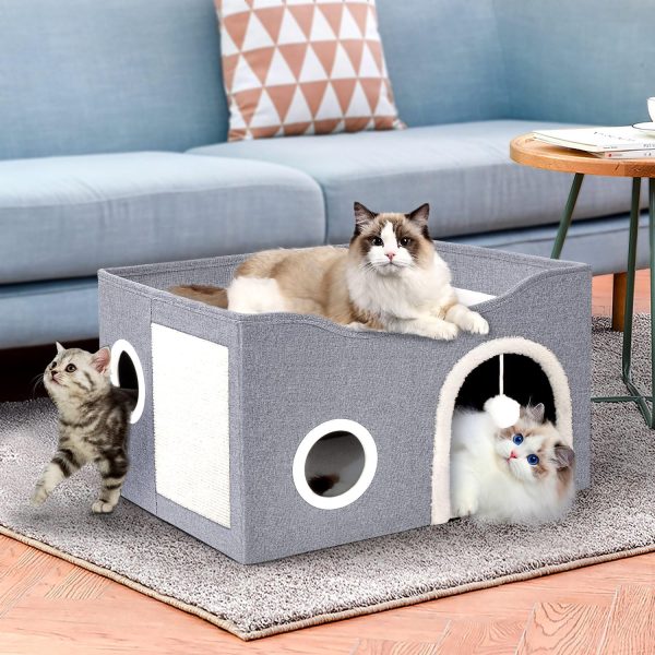 Heeyoo Cat House for Indoor Cats - Large Cat Bed Cave with Fluffy Ball and Scratch Pad, Foldable Cat Condos, Cat Cubes, Cat Hideaway, Covered Cat Bed - Image 6