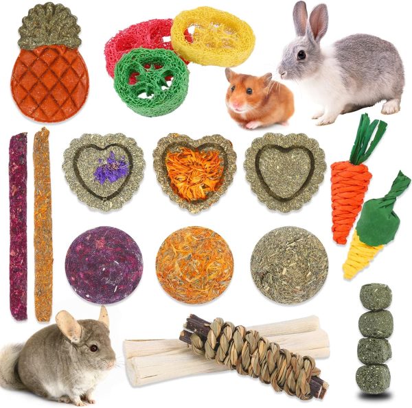 VESPRO Bunny Toys,21PCS Rabbit Toys for Bunnies Rabbit Chew Toys for Teeth Guinea Pig Toys Natural Chew Treats Toys,Timothy Hay Sticks for Chinchillas Hamsters Rats,Small Animals Teeth Grinding