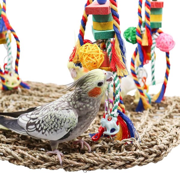 Large Bird Swing Toys, Colorful Parrot Seagrass Mat Hammock with Blocks, Bird Foraging Toy, Bird Cage Accessories, Suitable for Small to Medium Birds Parakeets Lovebirds Cockatiels 15.7 × 11.8 Inches - Image 4