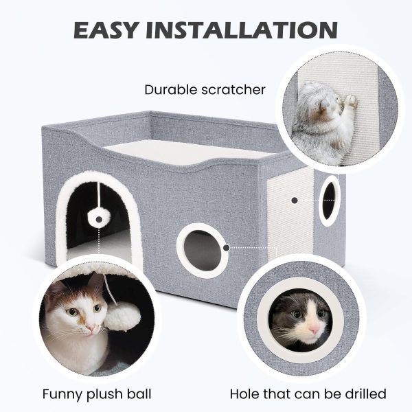 Heeyoo Cat House for Indoor Cats - Large Cat Bed Cave with Fluffy Ball and Scratch Pad, Foldable Cat Condos, Cat Cubes, Cat Hideaway, Covered Cat Bed - Image 3