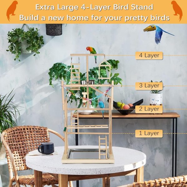 Pet Parrot Playstand Parrots Bird Playground Bird Play Stand Wood Perch Gym Playpen Ladder with Feeder Cups Bells for Cockatiel Parakeet (4 Layers) - Image 5