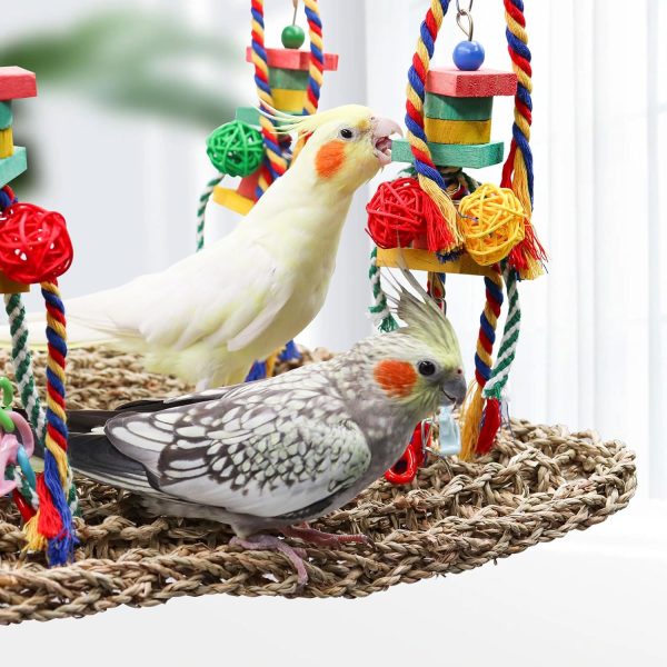 Large Bird Swing Toys, Colorful Parrot Seagrass Mat Hammock with Blocks, Bird Foraging Toy, Bird Cage Accessories, Suitable for Small to Medium Birds Parakeets Lovebirds Cockatiels 15.7 × 11.8 Inches - Image 3