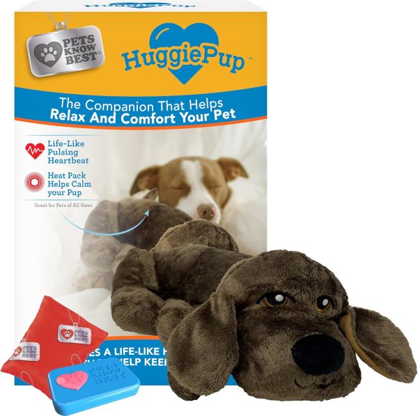 Pets Know Best presents HuggiePup - Cuddly Puppy Behavioral Aid Toy, Great for Crate Training- Pulsing Heartbeat, Heating Pack- Chocolate Dog