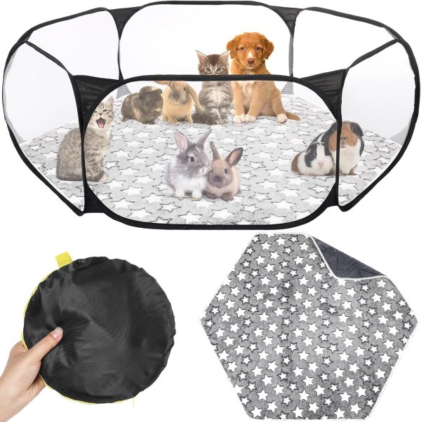 Hamster Playpen with Mat Small Animal Cage Tent Breathable Transparent Guinea Pig Playpen Waterproof Portable Yard Fence Mat Foldable Exercise Playpen Outdoor Indoor (Black,Star)