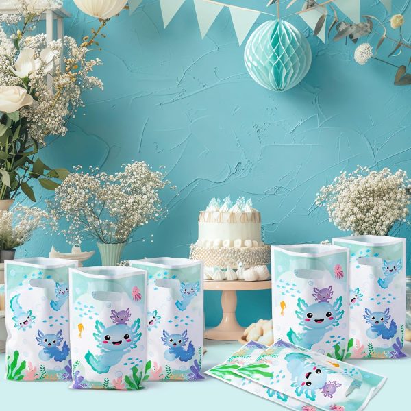 50Pcs Blue Axolotl Party Favor Bag - Amphibian Themed Waterproof Goodie Bag with Die Cut Handles Reptile Animals Water Plants Plastic Gift Bags for Kids Birthday Baby Shower Decors Supplies - Image 6